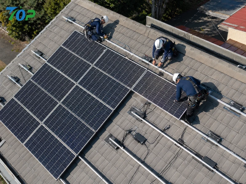 Engineers installing plug-in solar system on residential rooftop with aluminum rail mounting and microinverters